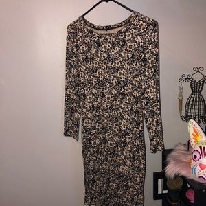 Tan & black floral midi dress‎